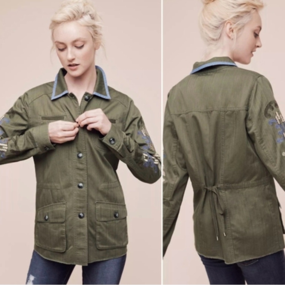 Anthropology Hei Hei Adventurer Army Green Jacket with Embroidery Size L